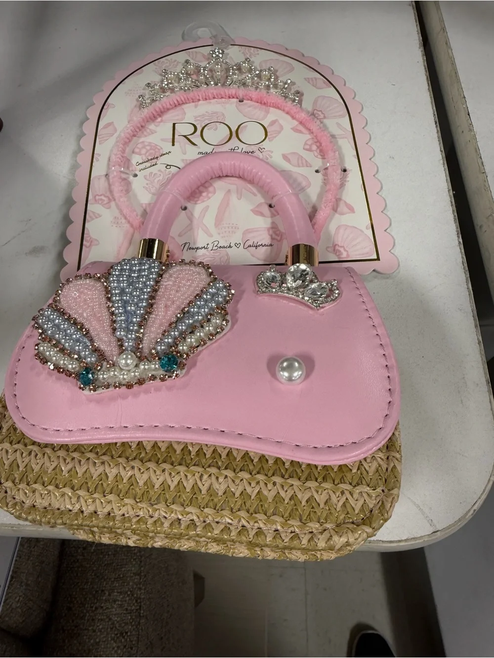Kids Pink Beaded Shell Handbag with Tiara Headband
